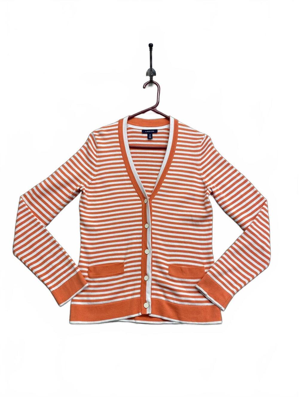 Lands' End Orange and White Striped Button-Up Cardigan Women's Size Small 6-8
